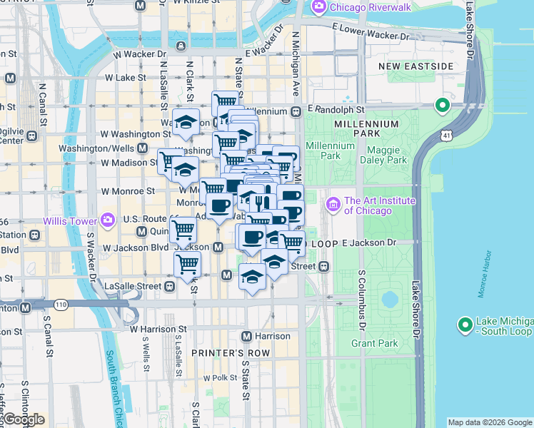 map of restaurants, bars, coffee shops, grocery stores, and more near 111 S South State Street in Chicago