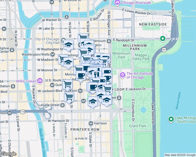 map of restaurants, bars, coffee shops, grocery stores, and more near 30 East Adams Street in Chicago