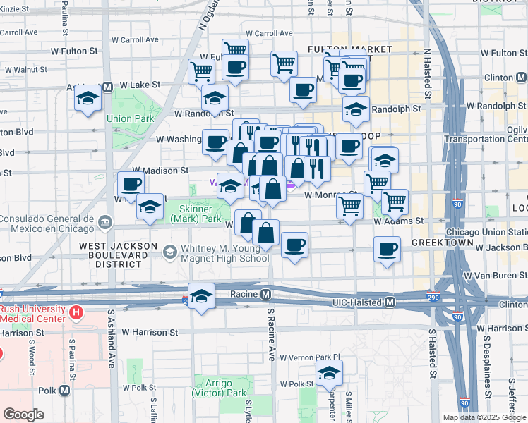 map of restaurants, bars, coffee shops, grocery stores, and more near 114 South Racine Avenue in Chicago