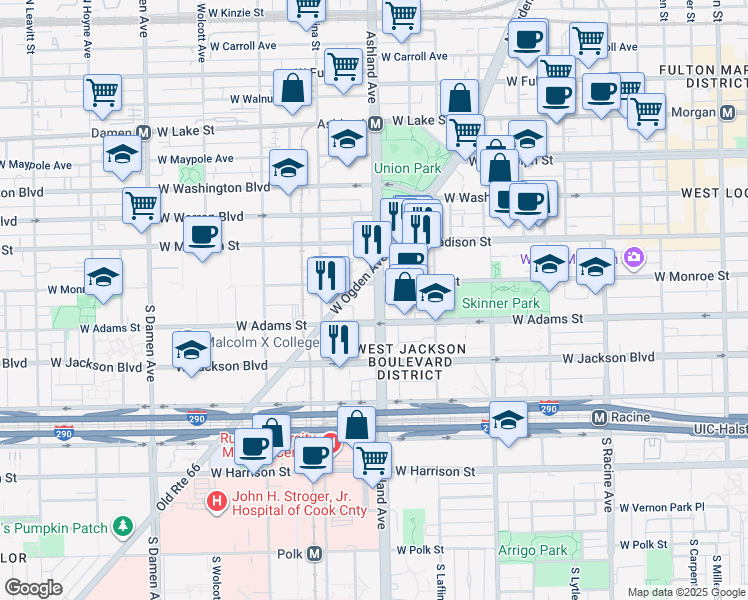 map of restaurants, bars, coffee shops, grocery stores, and more near 1645 Ogden Avenue in Chicago