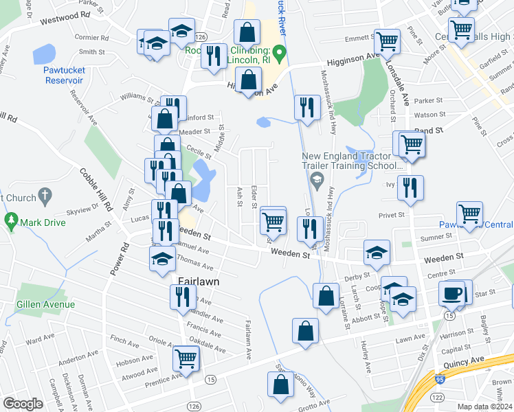 map of restaurants, bars, coffee shops, grocery stores, and more near 65 Elder Street in Pawtucket