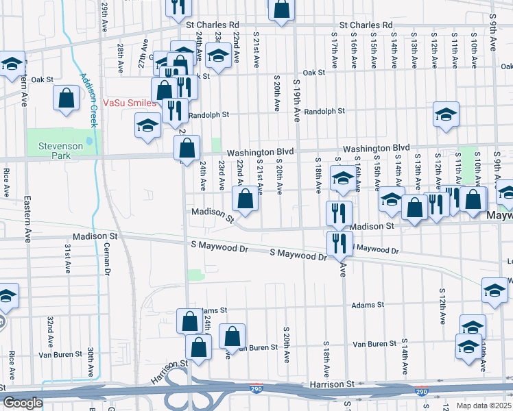 map of restaurants, bars, coffee shops, grocery stores, and more near 816 South 21st Avenue in Maywood