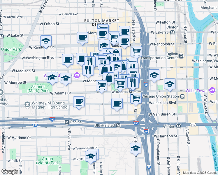 map of restaurants, bars, coffee shops, grocery stores, and more near 119 South Sangamon Street in Chicago