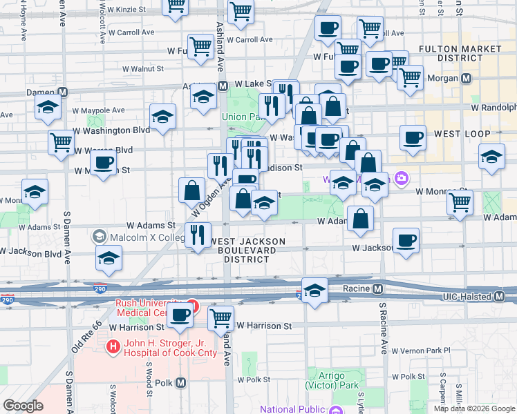 map of restaurants, bars, coffee shops, grocery stores, and more near 114 South Laflin Street in Chicago