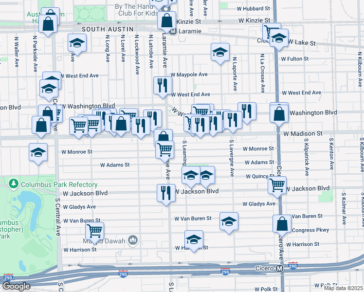 map of restaurants, bars, coffee shops, grocery stores, and more near 5100 West Monroe Street in Chicago