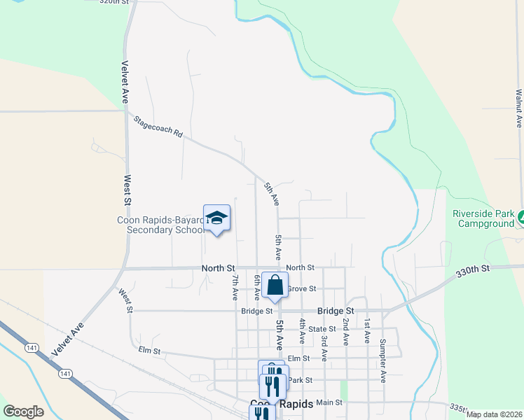 map of restaurants, bars, coffee shops, grocery stores, and more near 789 6th Avenue in Coon Rapids