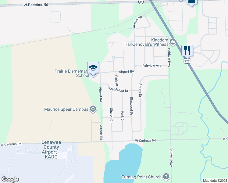map of restaurants, bars, coffee shops, grocery stores, and more near 2507 Macarthur Drive in Adrian