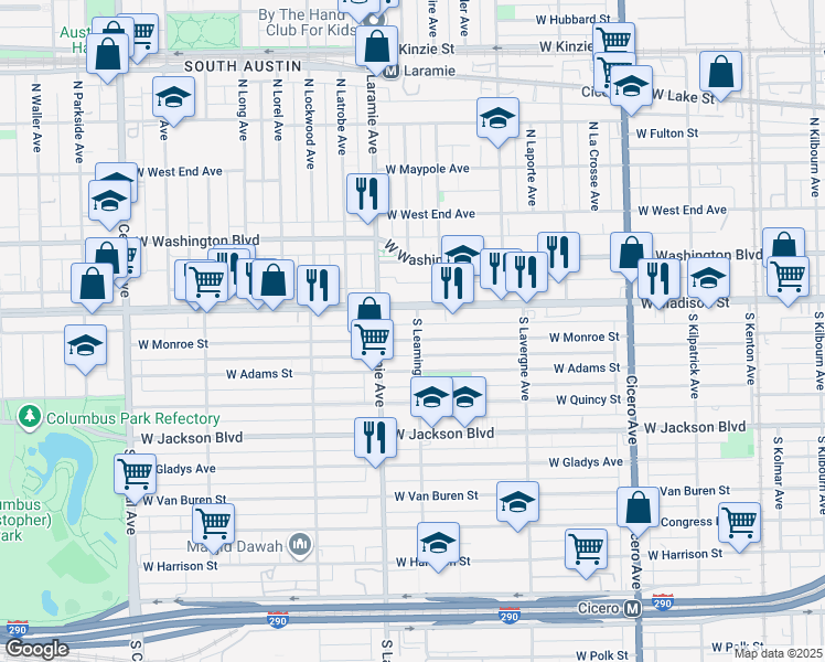 map of restaurants, bars, coffee shops, grocery stores, and more near 5100 West Monroe Street in Chicago