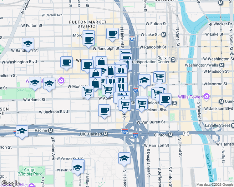 map of restaurants, bars, coffee shops, grocery stores, and more near 125 South Green Street in Chicago