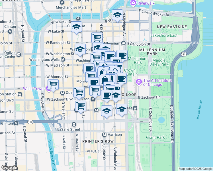 map of restaurants, bars, coffee shops, grocery stores, and more near 111 S South State Street in Chicago