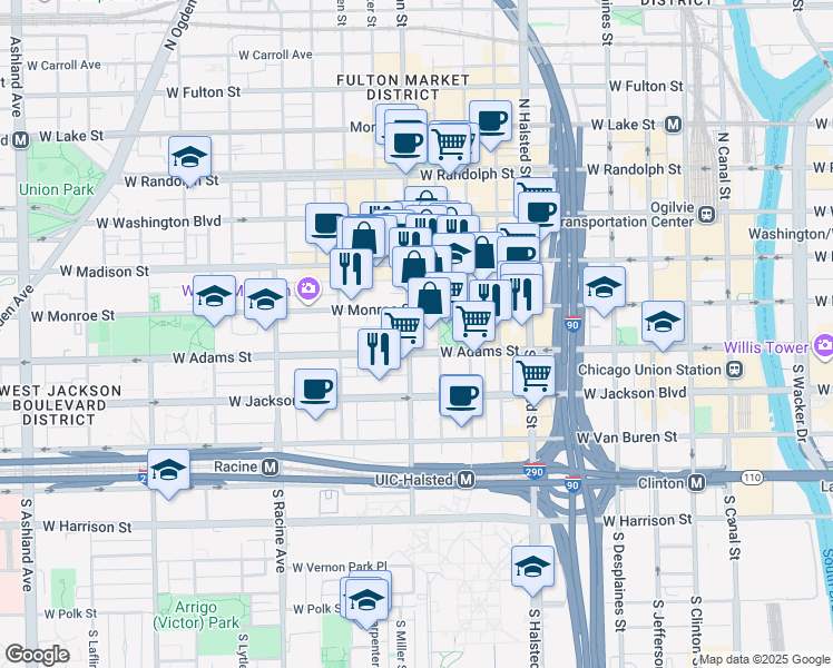map of restaurants, bars, coffee shops, grocery stores, and more near 111 South Morgan Street in Chicago