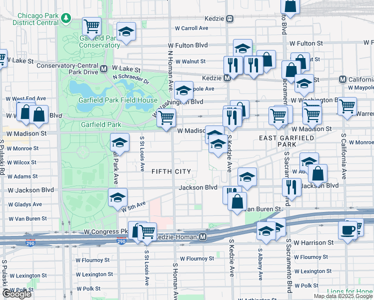 map of restaurants, bars, coffee shops, grocery stores, and more near 3320 West Monroe Street in Chicago