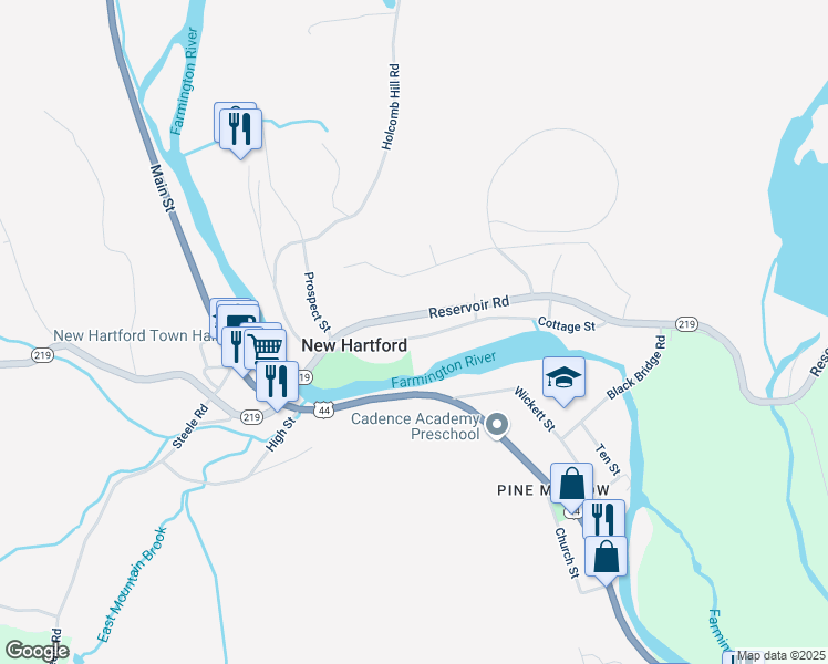map of restaurants, bars, coffee shops, grocery stores, and more near 38 Cottage Street in New Hartford