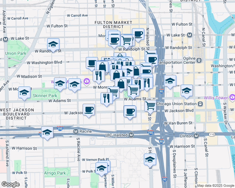 map of restaurants, bars, coffee shops, grocery stores, and more near 119 South Sangamon Street in Chicago