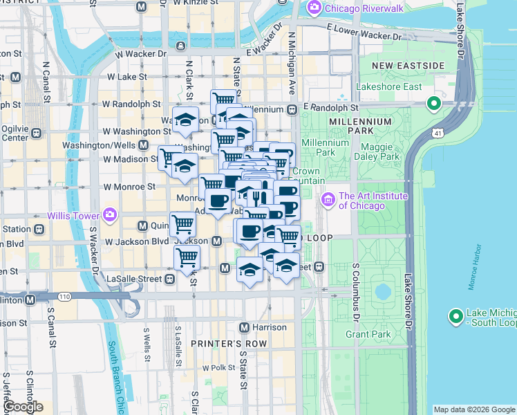 map of restaurants, bars, coffee shops, grocery stores, and more near 111 S South State Street in Chicago