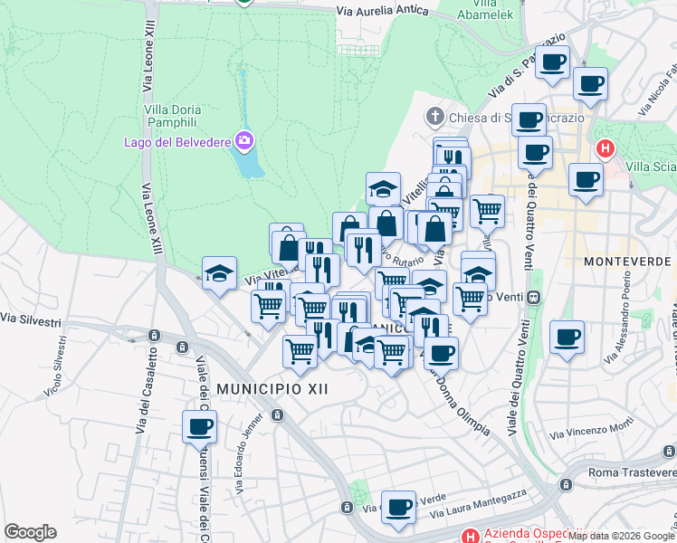map of restaurants, bars, coffee shops, grocery stores, and more near 25 Via Pio Foà in Rome