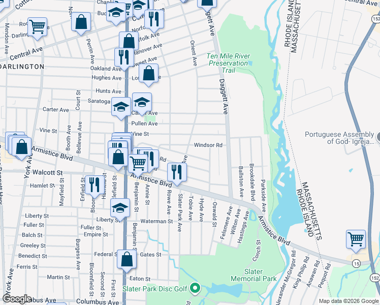 map of restaurants, bars, coffee shops, grocery stores, and more near 67 Windsor Road in Pawtucket
