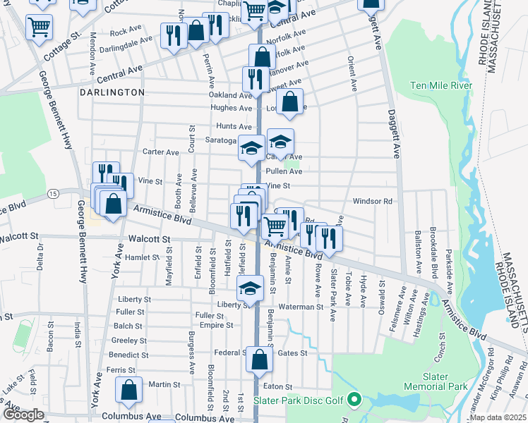 map of restaurants, bars, coffee shops, grocery stores, and more near 7 Crescent Road in Pawtucket
