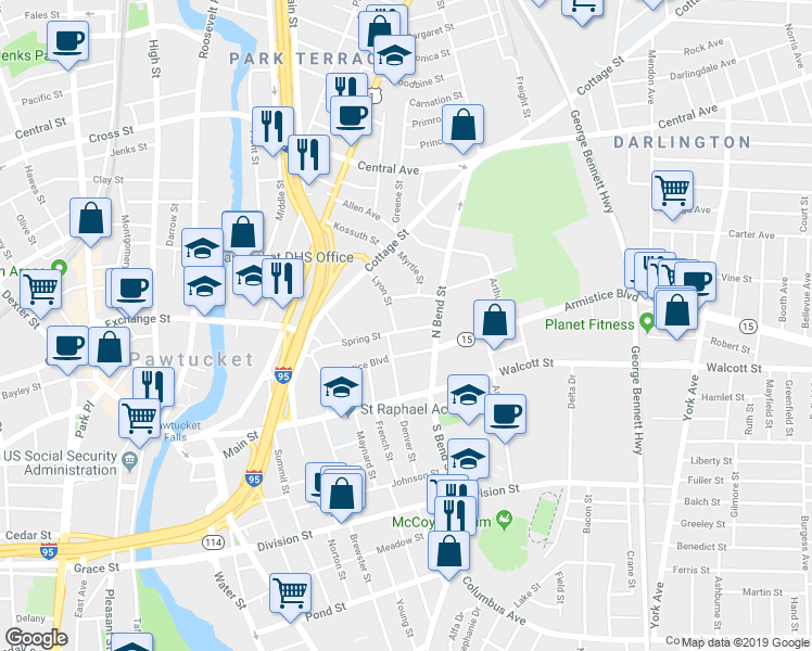 map of restaurants, bars, coffee shops, grocery stores, and more near 66 Lyon Street in Pawtucket