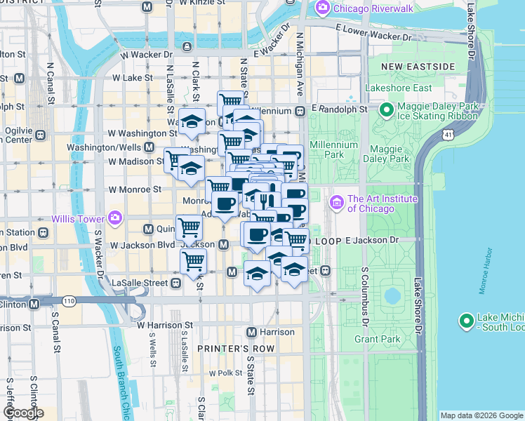 map of restaurants, bars, coffee shops, grocery stores, and more near 111 S South State Street in Chicago
