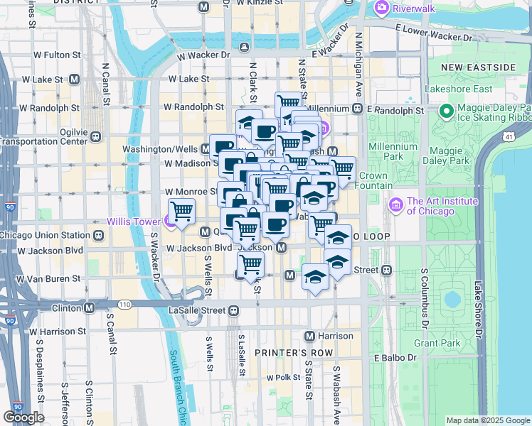 map of restaurants, bars, coffee shops, grocery stores, and more near South Dearborn Street in Chicago