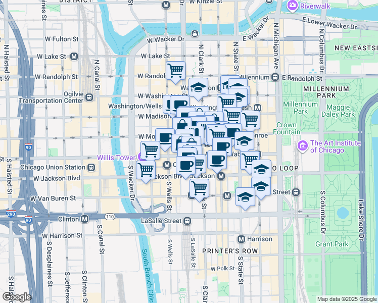map of restaurants, bars, coffee shops, grocery stores, and more near 135 South LaSalle Street in Chicago