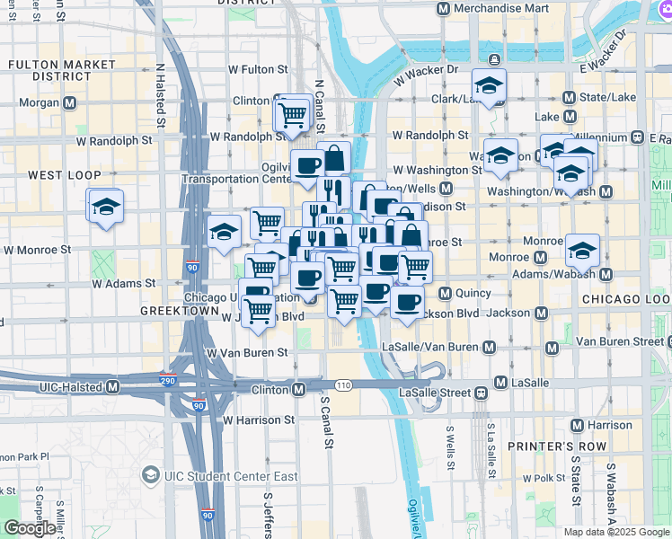 map of restaurants, bars, coffee shops, grocery stores, and more near in Chicago