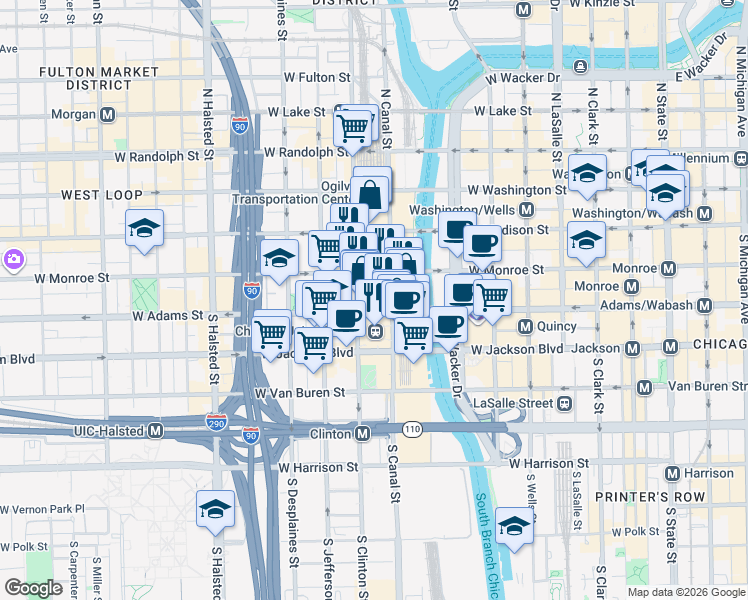 map of restaurants, bars, coffee shops, grocery stores, and more near in Chicago