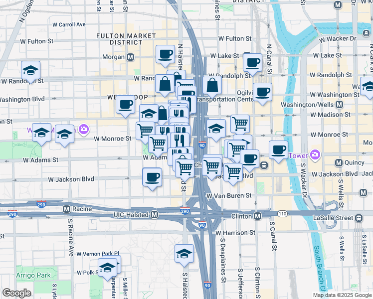 map of restaurants, bars, coffee shops, grocery stores, and more near 765 West Monroe Street in Chicago