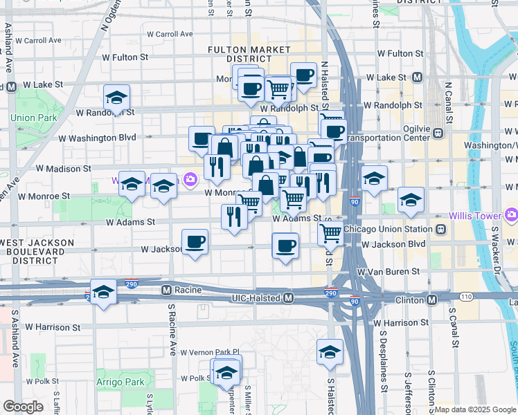 map of restaurants, bars, coffee shops, grocery stores, and more near 119 South Sangamon Street in Chicago