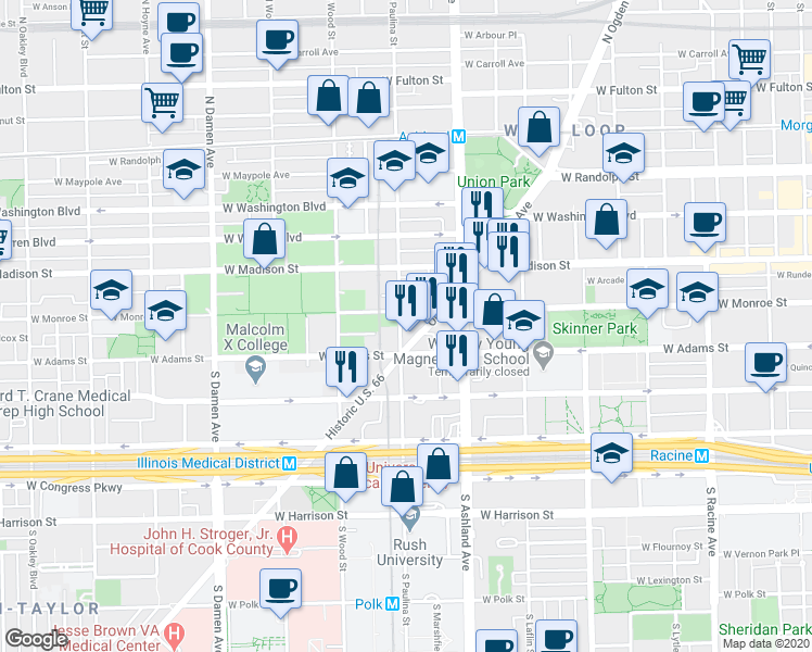 map of restaurants, bars, coffee shops, grocery stores, and more near 105 South Paulina Street in Chicago