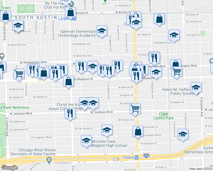 map of restaurants, bars, coffee shops, grocery stores, and more near 5001 West Madison Street in Chicago