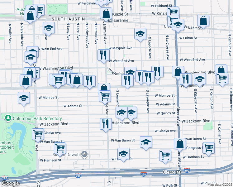 map of restaurants, bars, coffee shops, grocery stores, and more near 5107 West Madison Street in Chicago