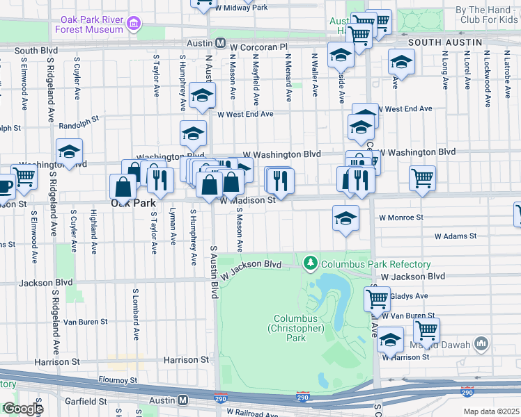 map of restaurants, bars, coffee shops, grocery stores, and more near 5831 West Madison Street in Chicago
