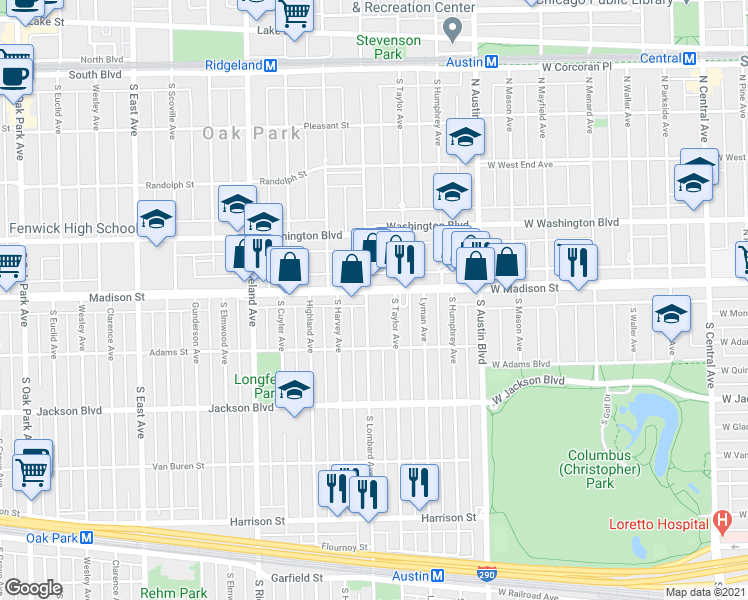 map of restaurants, bars, coffee shops, grocery stores, and more near 151 Madison St in Oak Park