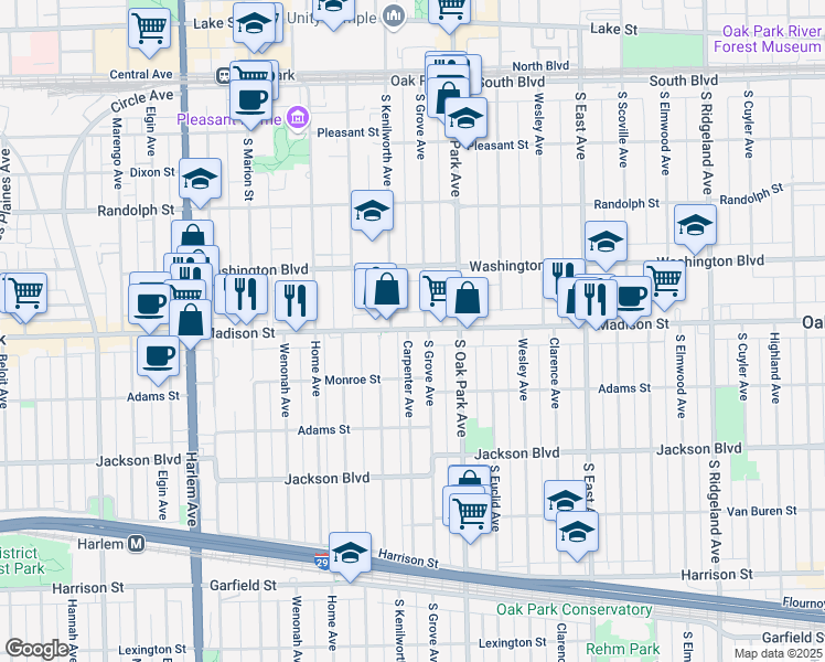 map of restaurants, bars, coffee shops, grocery stores, and more near 848 Madison Street in Oak Park