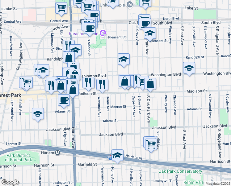 map of restaurants, bars, coffee shops, grocery stores, and more near 958 Madison Street in Oak Park