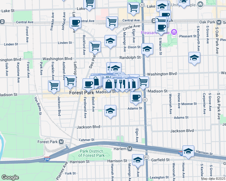 map of restaurants, bars, coffee shops, grocery stores, and more near 7335 Madison Street in Forest Park