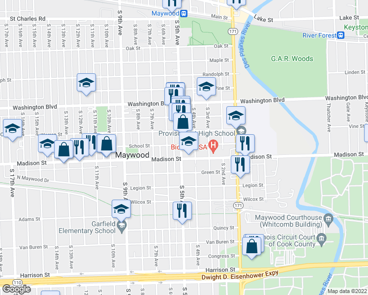 map of restaurants, bars, coffee shops, grocery stores, and more near 815 South 5th Avenue in Maywood
