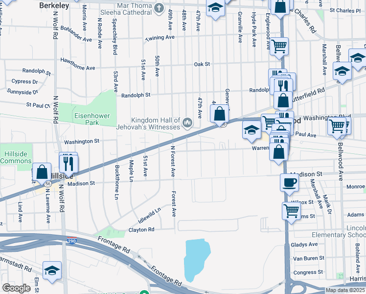 map of restaurants, bars, coffee shops, grocery stores, and more near 4349 Butterfield Road in Hillside