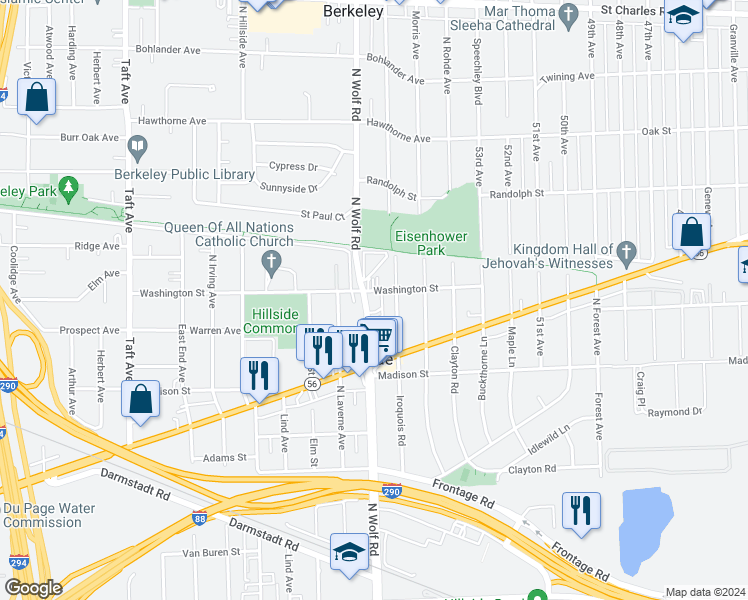 map of restaurants, bars, coffee shops, grocery stores, and more near 523N North Wolf Road in Hillside