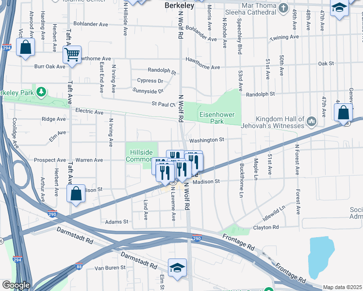 map of restaurants, bars, coffee shops, grocery stores, and more near 523N North Wolf Road in Hillside