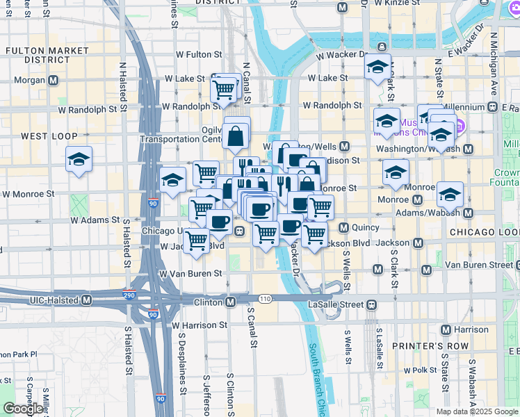 map of restaurants, bars, coffee shops, grocery stores, and more near 120 South Riverside Plaza in Chicago