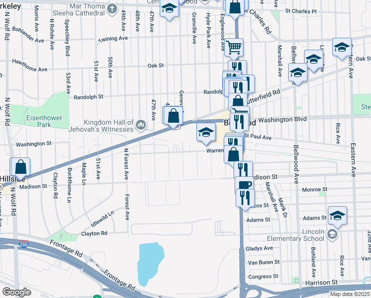 map of restaurants, bars, coffee shops, grocery stores, and more near 4202 Warren Avenue in Hillside