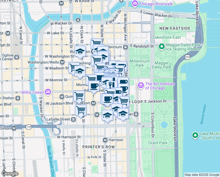 map of restaurants, bars, coffee shops, grocery stores, and more near 111 S South State Street in Chicago