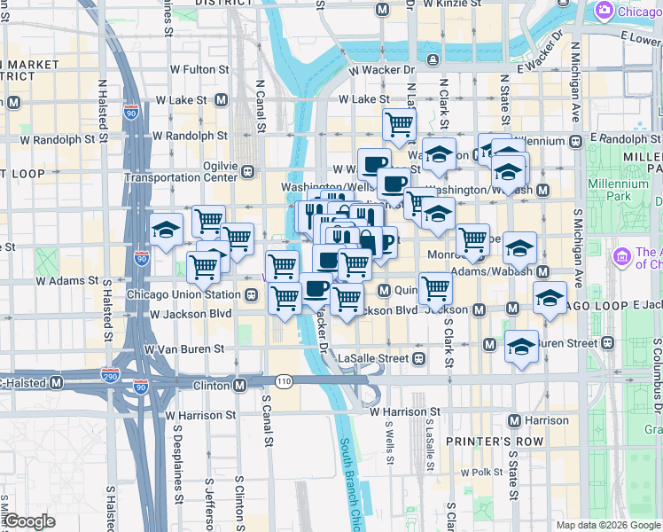 map of restaurants, bars, coffee shops, grocery stores, and more near 125 South Wacker Drive in Chicago