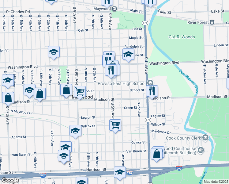 map of restaurants, bars, coffee shops, grocery stores, and more near 815 South 5th Avenue in Maywood
