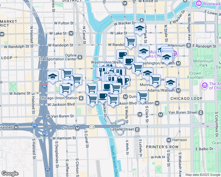 map of restaurants, bars, coffee shops, grocery stores, and more near 125 South Wacker Drive in Chicago