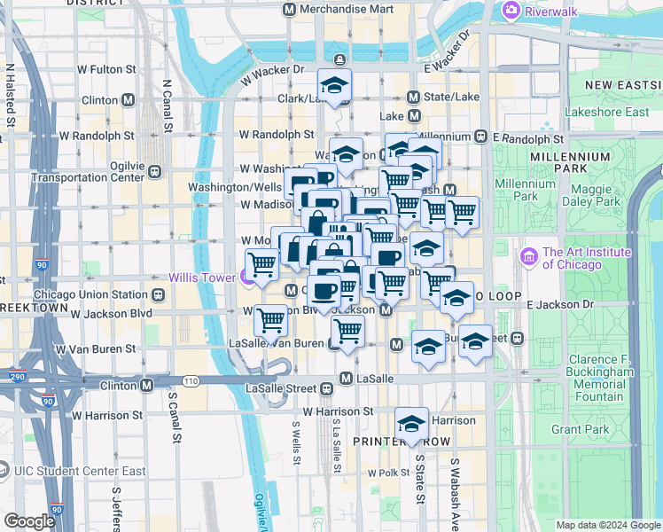 map of restaurants, bars, coffee shops, grocery stores, and more near 135 South LaSalle Street in Chicago