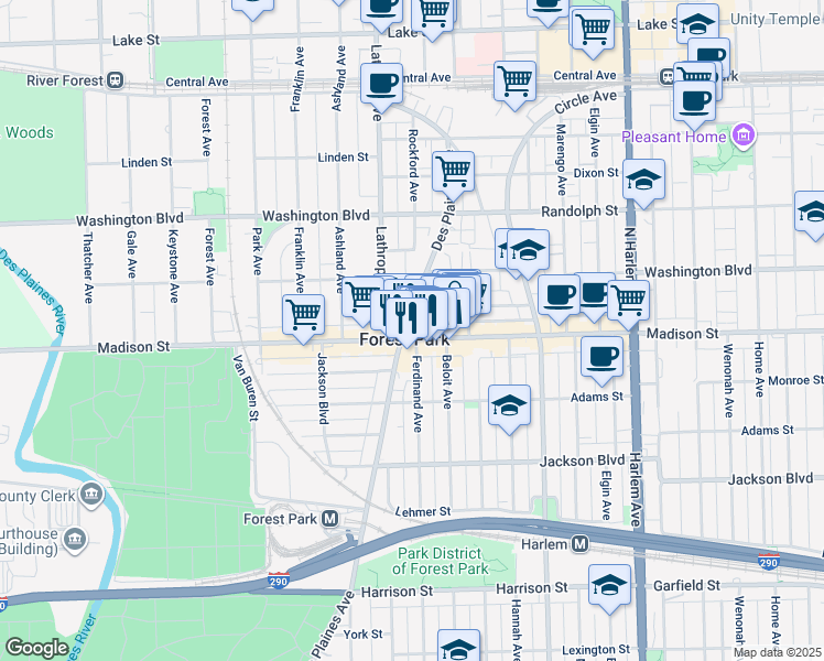 map of restaurants, bars, coffee shops, grocery stores, and more near in Forest Park